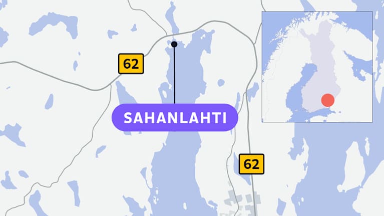 Kartta, jossa näkyy Puumalan keskusta ja hieman ylempänä sijaitseva Sahanlahti.