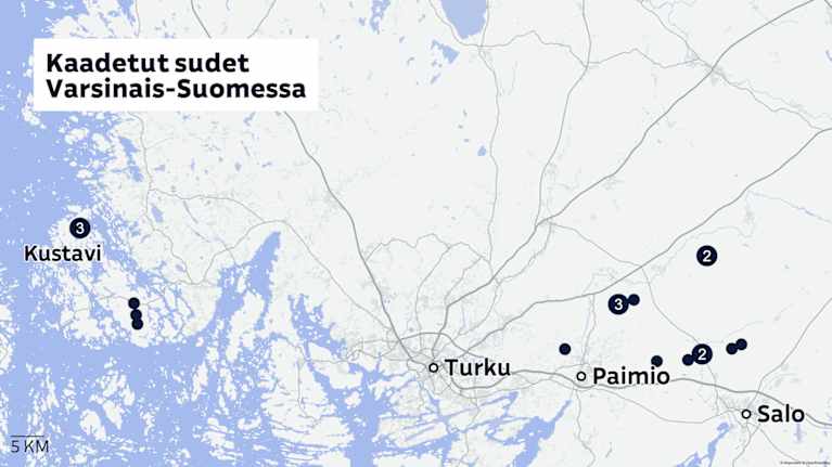 Kartta näyttää, missä susia on Varsinais-Suomessa kaadettu. Kustavissa ja Paimion ja Salon rajaseuduilla on merkintöjä.