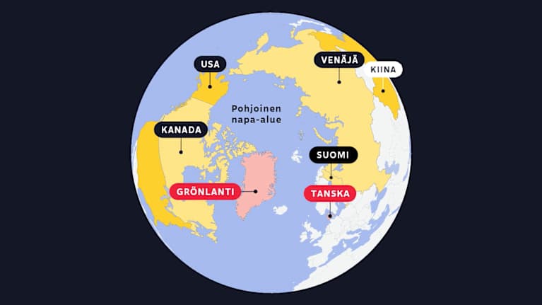 Pohjoisen pallonpuoliskon kartta, jossa on merkitty Pohjoisnapa sekä seuraavat maat ja alueet: Kanada, USA, Venäjä, Grönlanti (Tanska), ja Suomi.