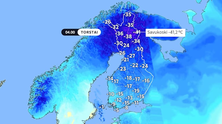 Lämpötilahavaintoja 8.1.2026. Talven kylmin yö tähän mennessä. 
