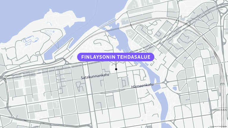 Kartta Finlaysonin tehdasalueesta, jossa näkyvät Satakunnankatu ja Hämeenkatu.