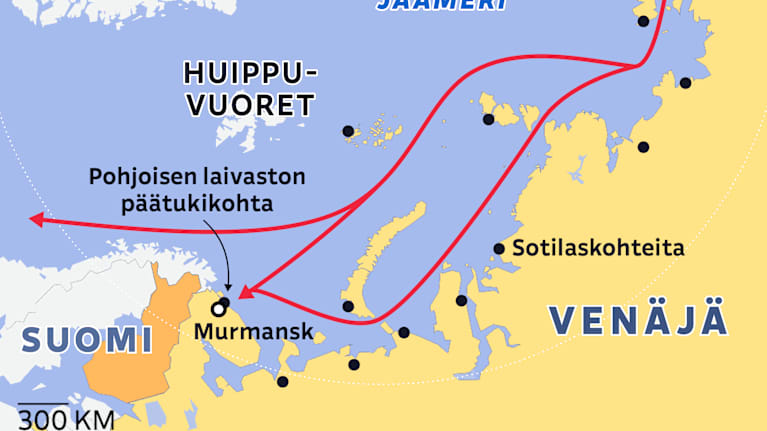 Kartta Koillisväylästä ja Venäjän sotilaskohteista sen varrella.
