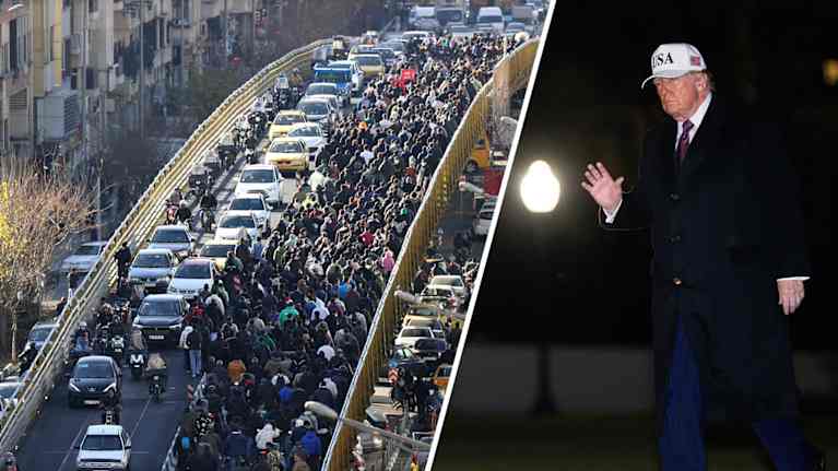 Mielenosoitus Iranissa ja donald trump kuvakombossa.