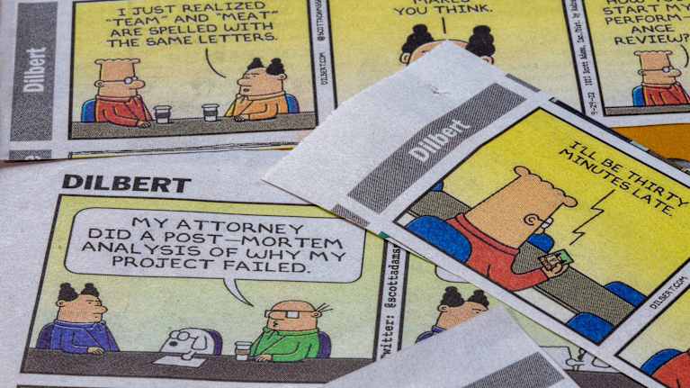 Dilbert-sarjakuvan strippejä kollaasina.