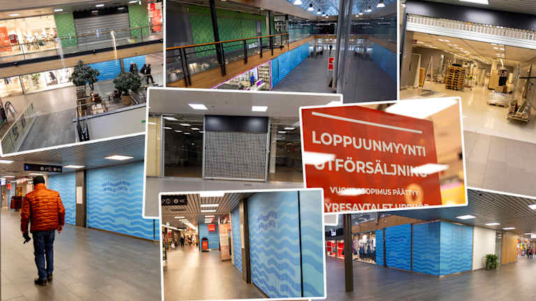 Kuvakollaasi kauppakeskuksen tyhjistä liiketiloista.