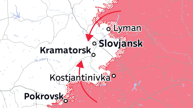 Kartta esittää Ukrainan alueita, joissa punaisella merkityt alueet ovat Venäjän hallinnassa. Kartalla näkyy Lyman, Slovjansk, Kramatorsk, Kostjantinivka ja Pokrovsk.