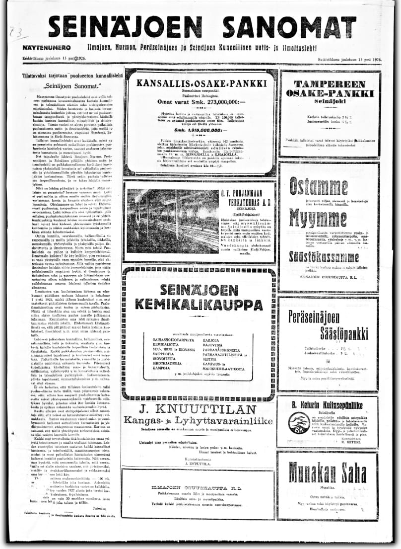Tältä näytti aivan ensimmäisen Eparin etusivu 15.12.1926. Lehti ilmestyi aluksi nimellä Seinäjoen Sanomat.