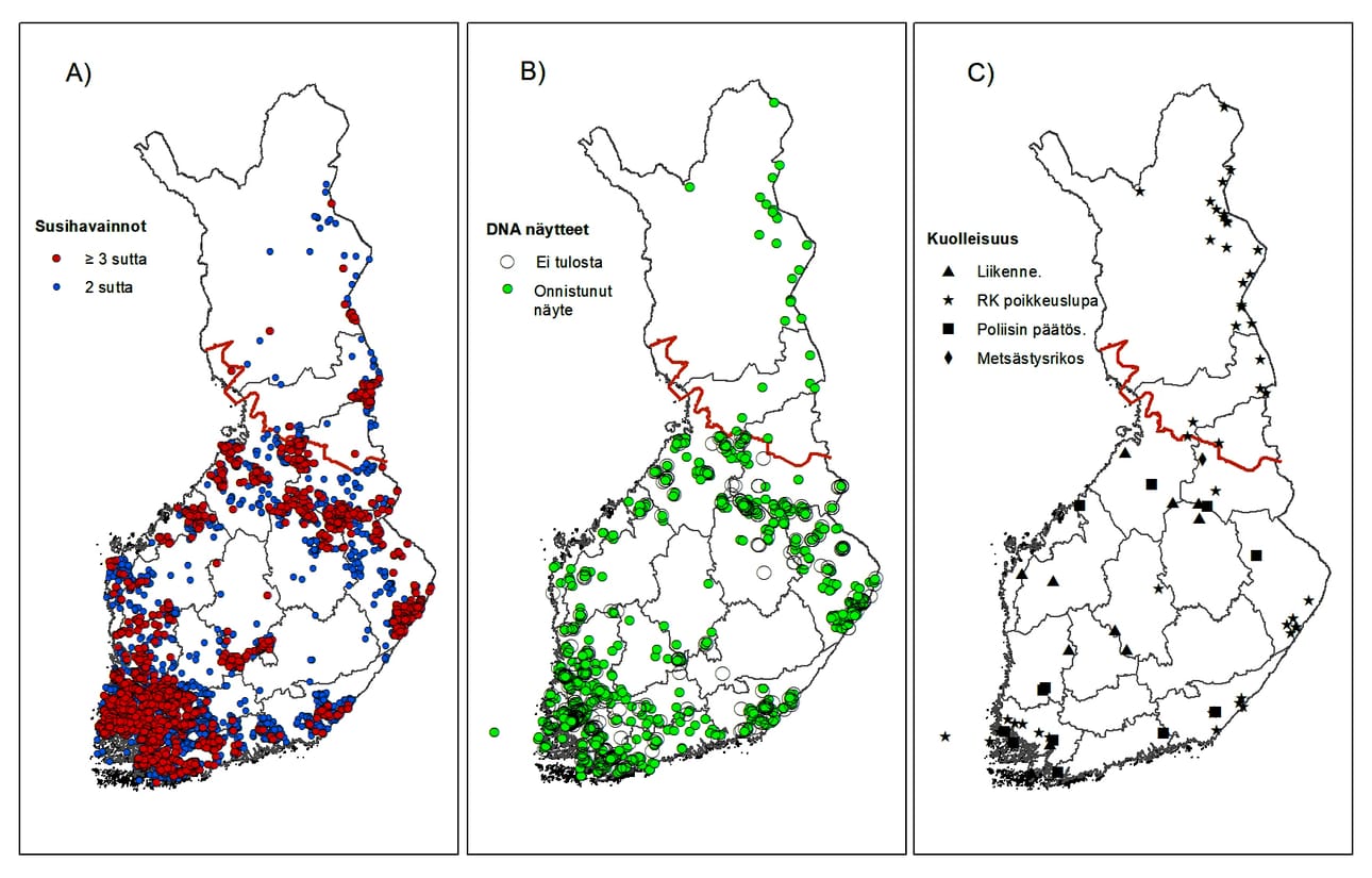 Luonnonvarakeskuksen karttatietojen mukaan Pudasjärven eteläpuolella on havaintoja useammasta sudesta