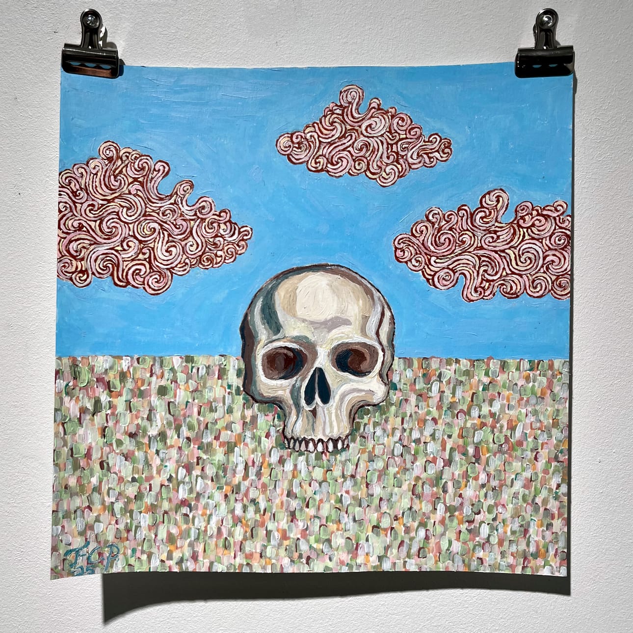 Taru-Carita Pullisen maalaus Nimetön (Kallo ja pilvet) K2 Taiteilijatalon näyttelyssä Neliö-galleriassa.