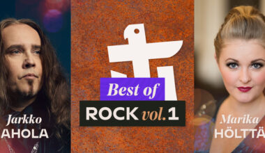 Vasemmalla Jarkko Ahola, keskellä tapahtuman kuvitus Best of Rock vol. 1, oikealla Marika Hölttä.