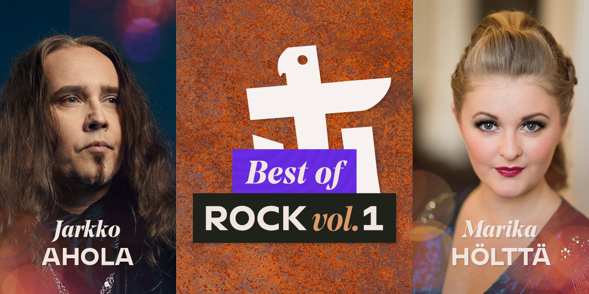 Vasemmalla Jarkko Ahola, keskellä tapahtuman kuvitus Best of Rock vol. 1, oikealla Marika Hölttä.