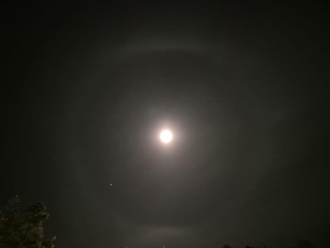 Haloilmiö voi näkyä Kuun ympärille muodostuneena renkaana.