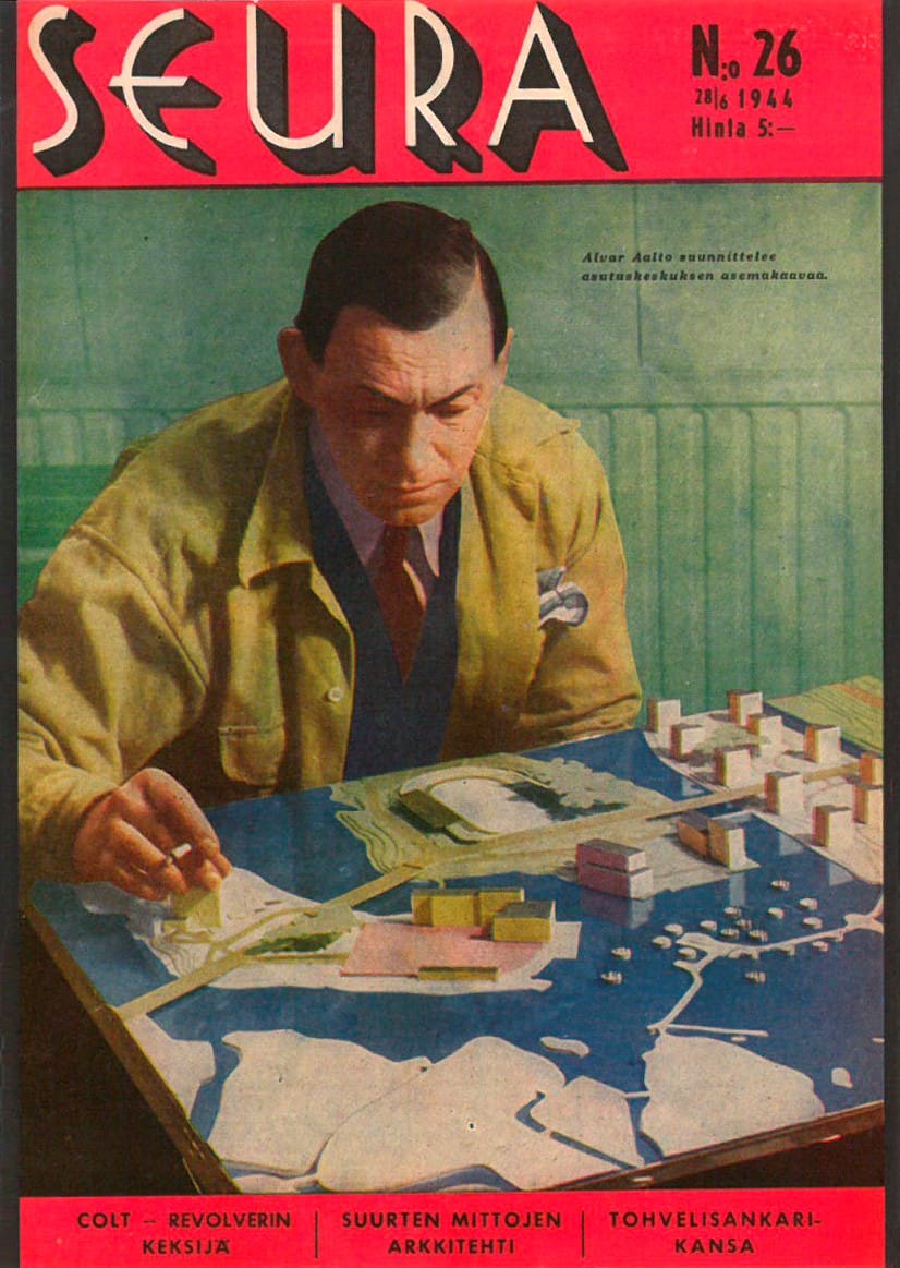 Alvar Aalto esitteli Oulun Koskikeskuksen pienoismallia Seura-lehden kansikuvassa vuonna 1944.