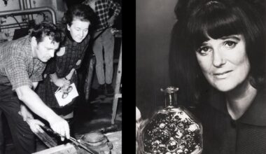 Kuvakollaasina kaksi mustavalkoista kuvaa. Toisessa lasinpuhaltaja työssään ja nainen katsomassa työtä hänen vieressään. Toisessa nainen esittelee kaunista lasimaljakkoa käsissään.