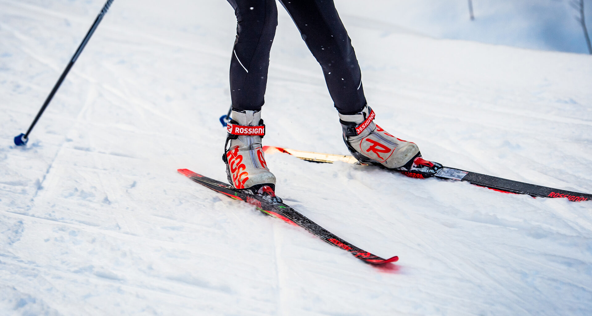 Sukset ja monot lähikuvassa hiihtoladulla.