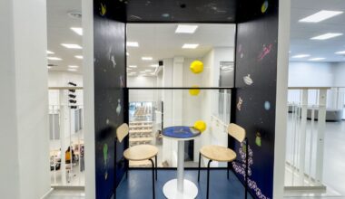 Kampuksen kolmannesta kerroksesta löytyy kuusi työskentelyaitiota, jossa Anderssonin taidetta löytyy seinistä, katoista ja pöytien pinnoista.