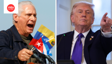 Kuuban presidentti Miguel Diaz-Canel (vas.) torjuu Donald Trumpin kehotukset diilin tekemisestä.
