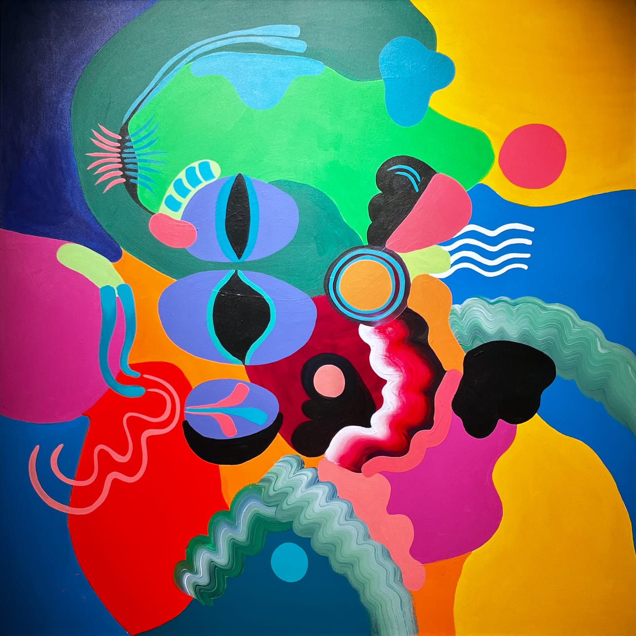 Inka Hannulan ja Teemu Raudaskosken yhteismaalaus Pablon kissa on mukana taiteilijaparin näyttelyssä Valvegalleriassa.