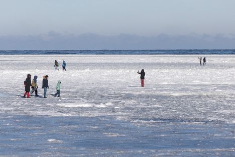 Ihmisiä jäällä kaakkoisella Itämerellä Gdanskinlahdella Puolan rannikolla 1. helmikuuta.