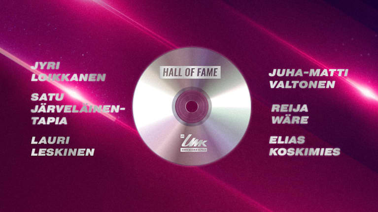 Kuva, jossa näkyy UMK-Hall of fame -palkinnonsaajien nimet: Jyri Loikkanen, Satu Järveläinen-Tapia, Lauri Leskinen, Juha-Matti Valtonen, Reija Wäre & Elias Koskimies.