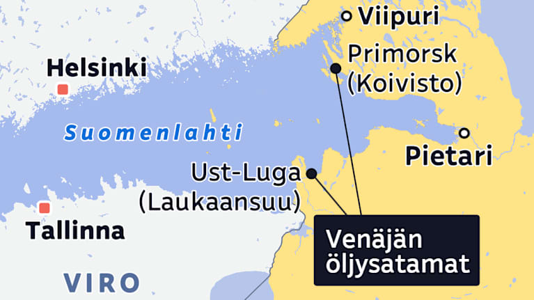 Kartalla Venäjän öljysatamat Primorskissa ja Ust-Lugassa itäisellä Suomenlahdella.