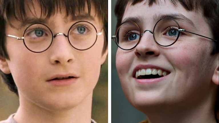 Vasemmalla Daniel Radcliffe elokuvassa Harry Potter ja viisasten kivi ja oikealla Harry Potter -hahmo uudessa tv-sarjassa.