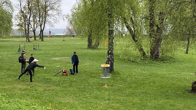 Frisbeegolfaaja heittää kohti koria keväisessä puistossa muiden seuratessa peliä.