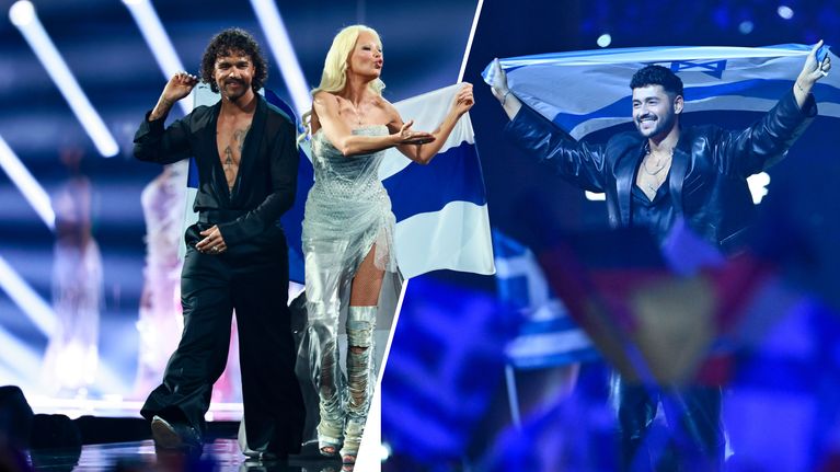 Kahden kuvan yhdistelmä, joista toisessa Pete Parkkonen ja Linda Lampenius kantavat Suomen lippua ja toisessa Israelin euroviisuedustaja Noam Bettan kantaa Israelin lippua.