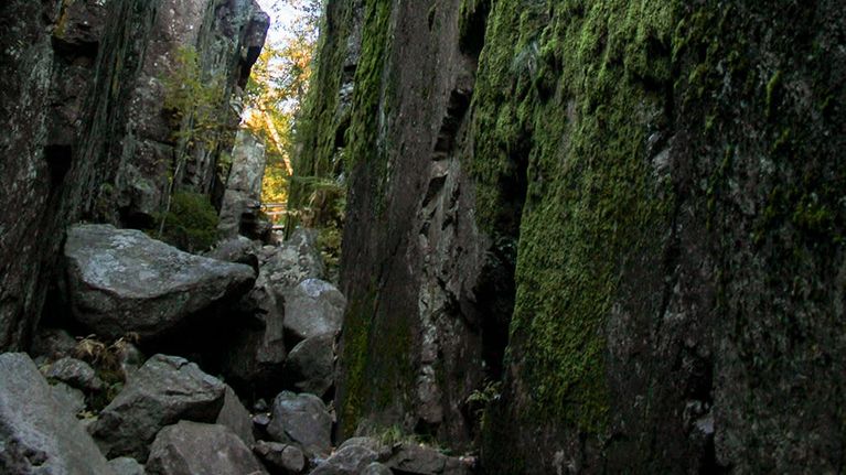 Helvetinkolun rotkomuodostelma kuvattuna rotkon alaosasta. Jyrkät kallioseinämät ovat peittyneet sammaleeseen, ja kivikkoinen rotko nousee hitaasti korkeammalle.