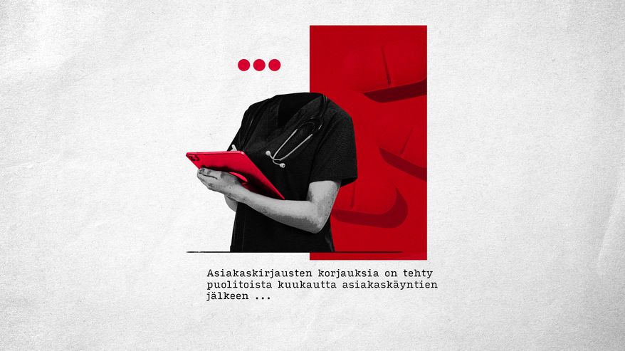 Kuvakollaasi jossa on hoitaja tabeltilla sekä ote asiakirjasta.