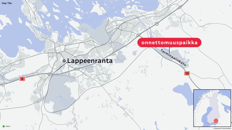 Kuolemaan johtaneen liikenneonnettomuuden onnettomuuspaikka Lappeenrannassa.