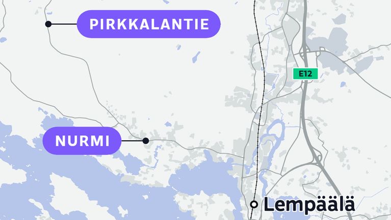 Kartta, jossa näkyy Lempäälä ja Pirkkalantie.