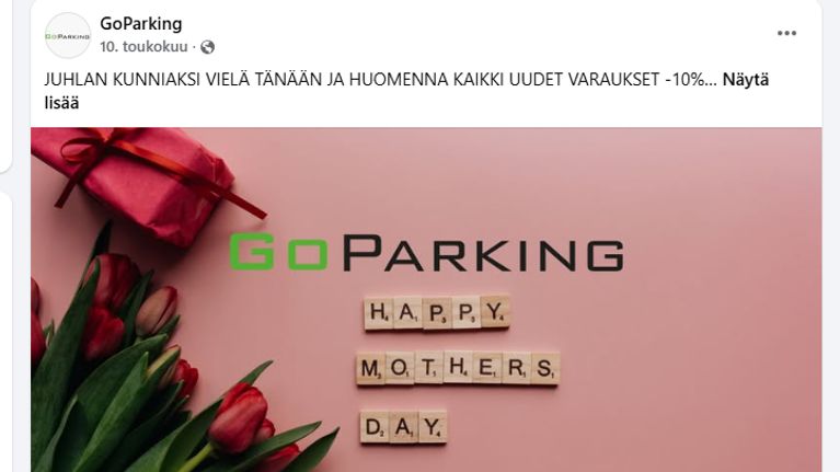 Äitienpäivätarjous pysäköintifirman sosiaalisessa mediassa.