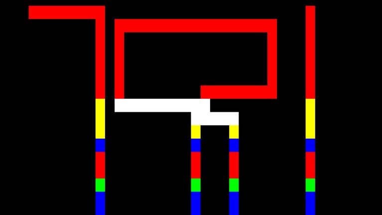 Kuvassa näkyy norjalaisen teksti-tv-taiteilija Arild Bomanin teos Teletext figure. Kuvassa on pystysuoria ja vaakasuoria erivärisiä pikseliviivoja.