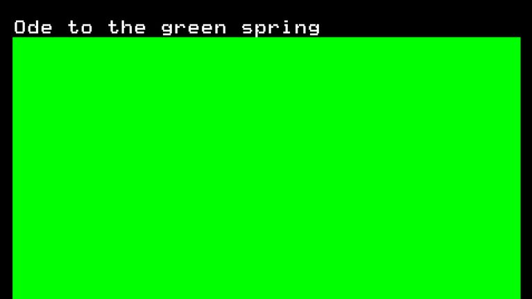 Kuvassa näkyy norjalaisen teksti-tv-taiteilija Morten Juvetin työ Ode to the green spring, jossa on vaaleanvihreää väriä.
