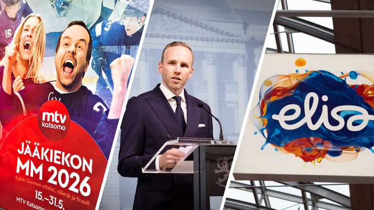 Kuvakombo, jossa on mtv:n mainos 2026 jääkiekon mm-kisoista, ministeri Mika Poutala valtioneuvoston tiedotustilaisuudessa ja teleoperaattori Elisan logo.