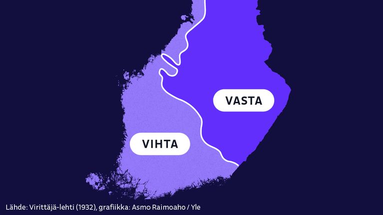 Suomen kartta vuodelta 1932, jossa on vaalealla ja tummalla violetilla rajatut alueet näyttävät, että länsipuolella maata käytetään vihtaa ja itäpuolella vastaa.