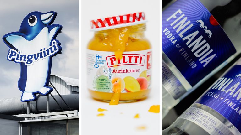 Suomalaisia tuotteita: Valion Pingviini, Piltti ja Finlandia-vodka.