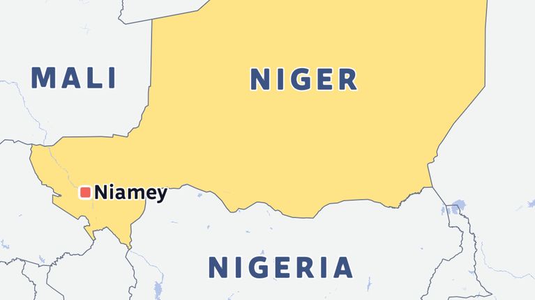 Kartta, johon on merkitty Niger ja sen pääkaupunki Niamey sekä naapurivaltiot Algeria, Mali ja Nigeria.