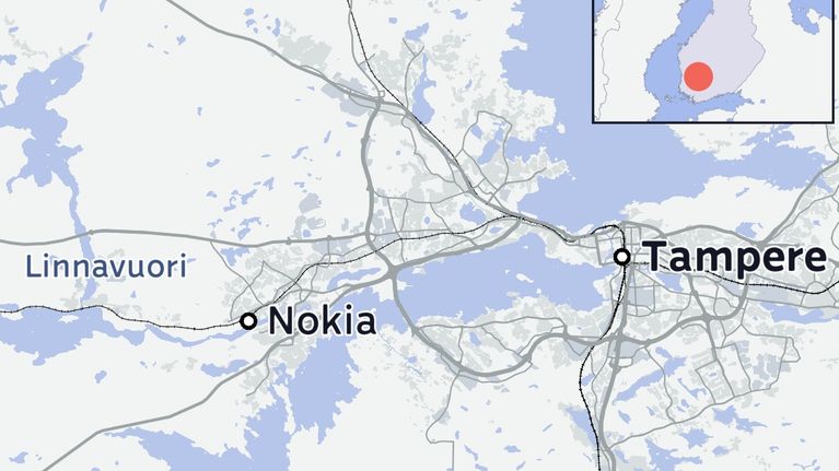 Kartta näyttää Linnavuoren ja Nokian sijainnin.
