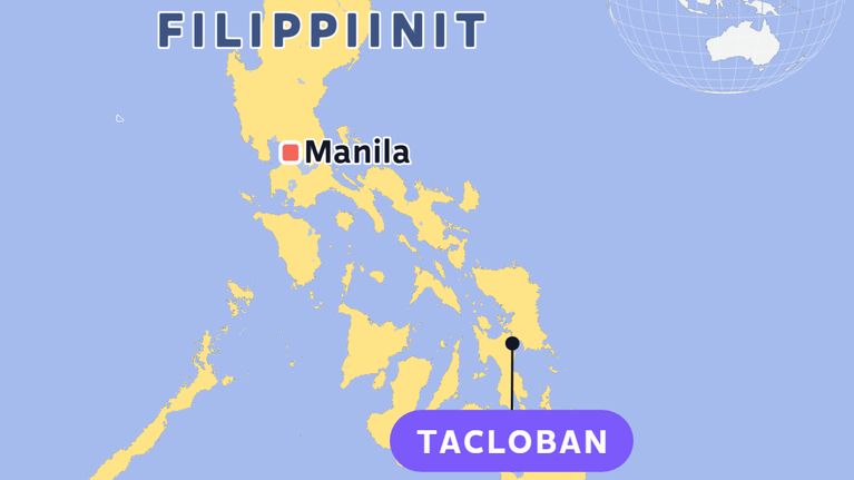 Kartta, johon ovat merkitty Filippiinit, pääkaupunki Manila ja Tacloban.