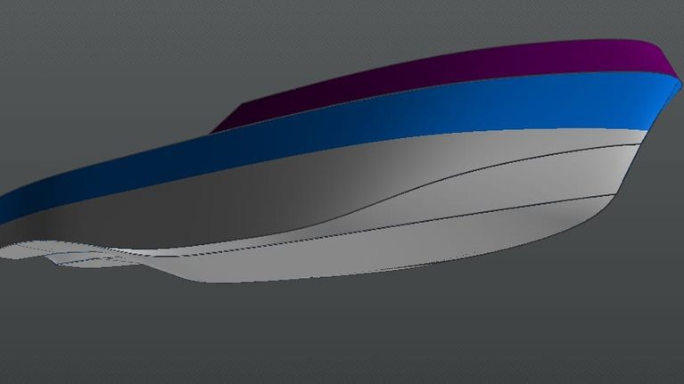 3D-mallinnos veneestä harmaalla taustalla; veneen rungossa on sininen ja violetti alue.