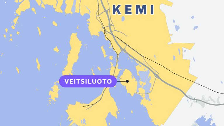 Kartta Kemin alueesta, Veitsiluodon sijainti merkitty violetilla, taustalla Suomen kartta ja paikkamerkki.