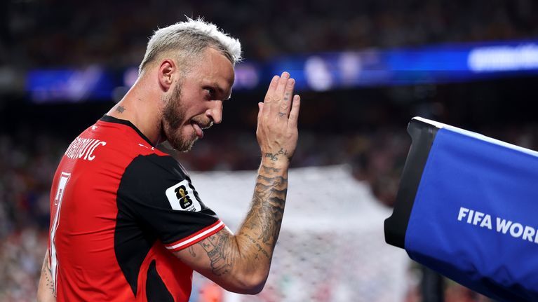 Marko Arnautovic tuulettaa maalia jalkapallon MM-kisoissa 2026.