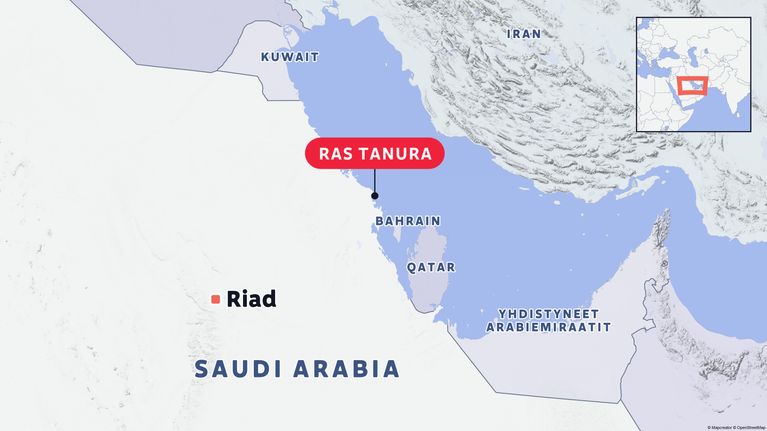 Kartta, joka näyttää Ras Tanuran sijainnin Persianlahdella.