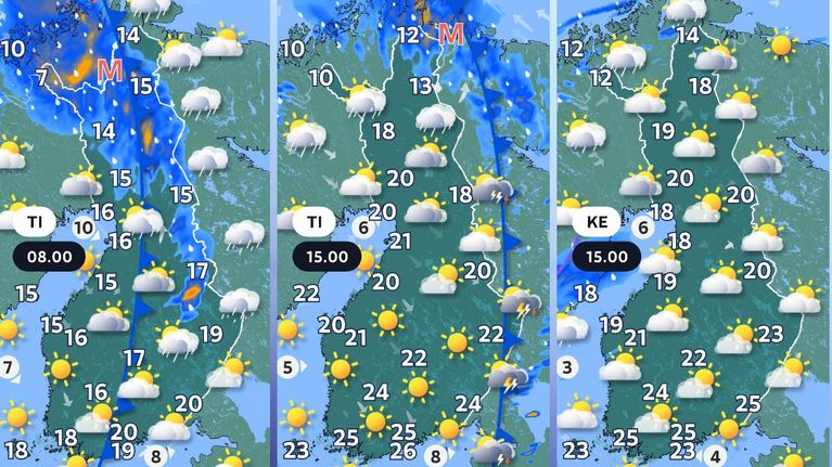 Tiistain ja keskiviikon sääkartat.