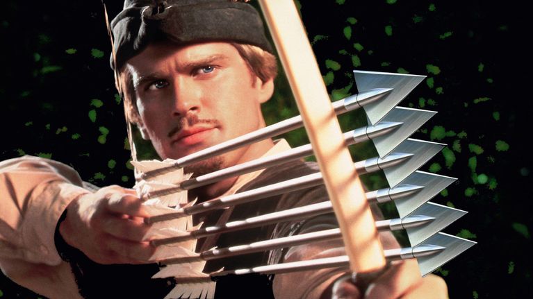Mel Brooksin Robin Hood -elokuvan juliste, jossa Robin Hood tähtää jousipyssyllä, jossa 6 nuolta samanaikaisesti.