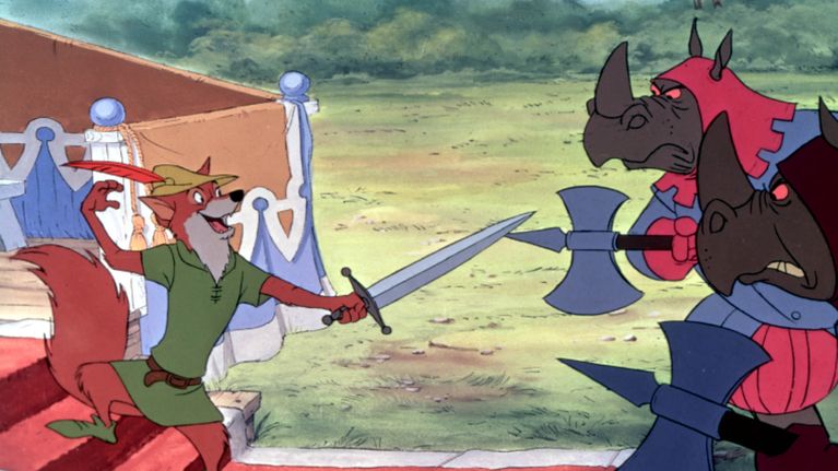 Robin Hood miekkailee vartijoiden kanssa Disneyn vuoden 1973 animaatioelokuvassa.