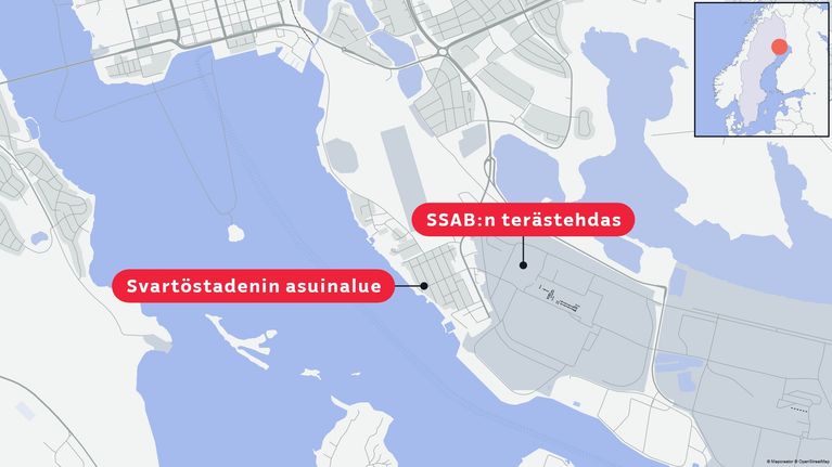 Kartta Svartöstadenin asuinalueesta ja SSAB:n terästehtaan sijainnista Luulajassa.