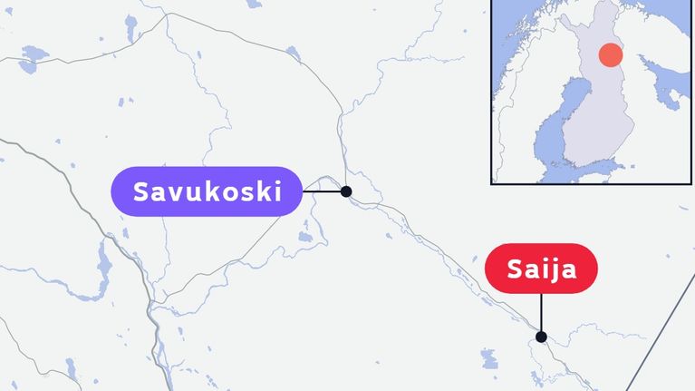 Kartta, jossa näkyvät Savukoski, Salla ja Saija.